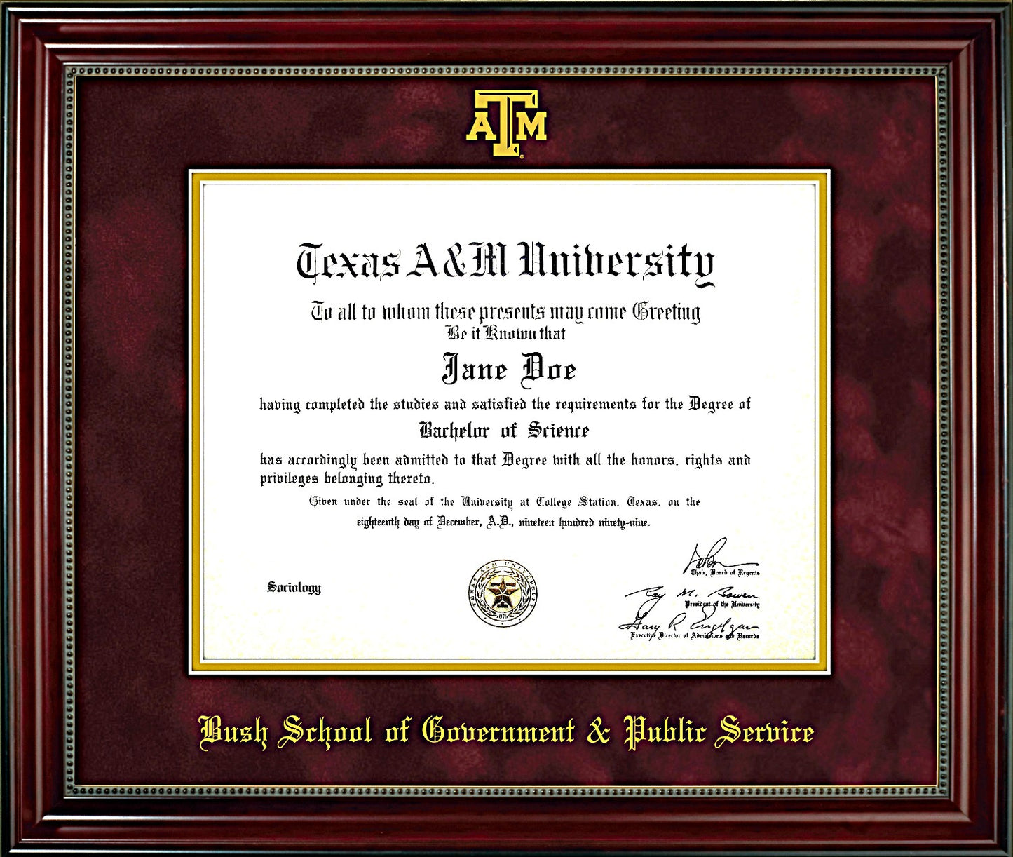 Bush School of Government & Public Service Diploma Frame: Beaded Cherry/ Maroon Mat/ ATM
