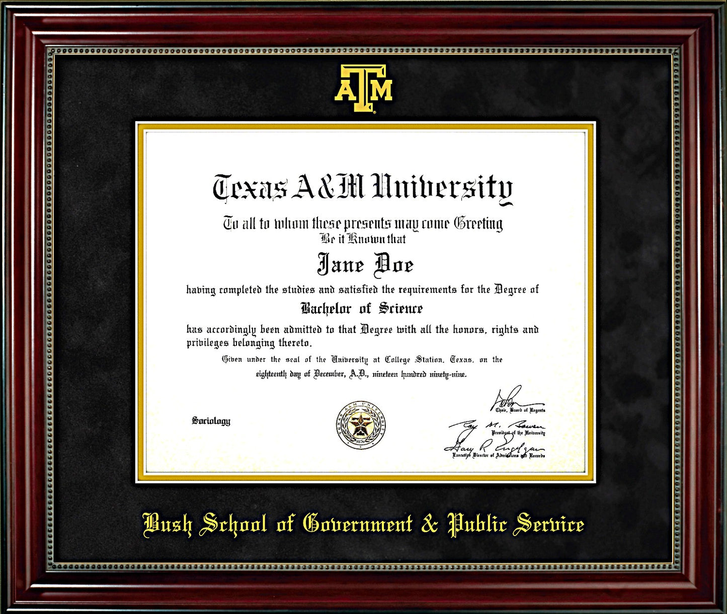 Bush School of Government & Public Service Diploma Frame: Beaded Cherry/ Black Mat/ ATM (Copy)