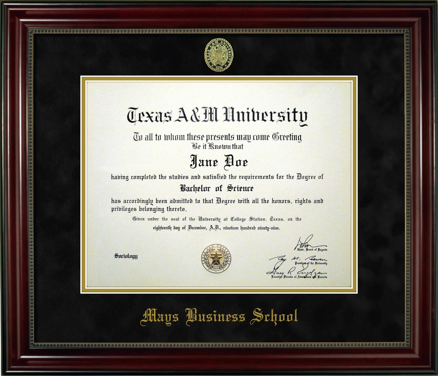 MAYS BUSINESS SCHOOL FRAME: Beaded Cherry Black Mat w/ Ring Crest Seal (CUSTOM PREORDER) - TXAG Store