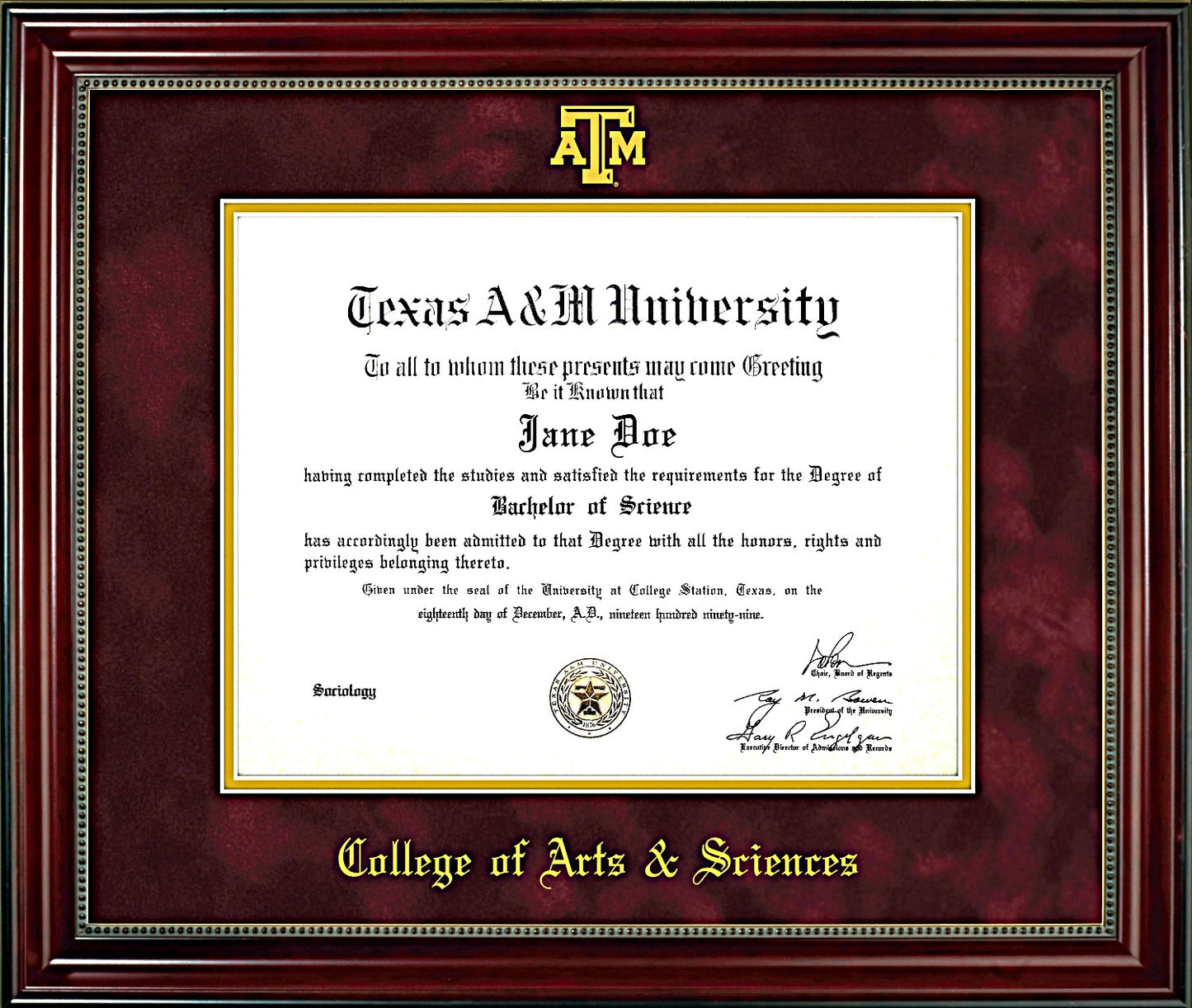 College of Arts & Sciences Diploma Frame: Beaded Cherry/ Maroon Mat/ ATM