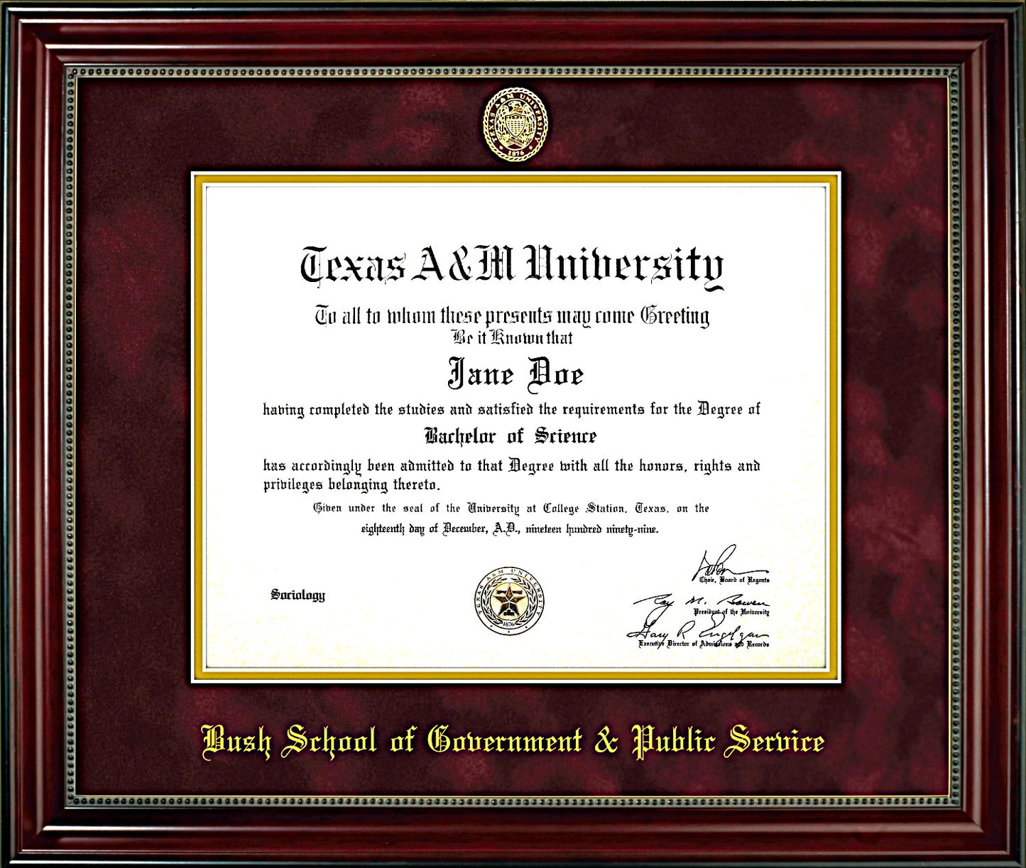 Bush School of Government & Public Service Diploma Frame: Beaded Cherry/ Maroon Mat/ Ring Crest