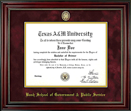 Bush School of Government & Public Service Diploma Frame: Beaded Cherry/ Maroon Mat/ Ring Crest