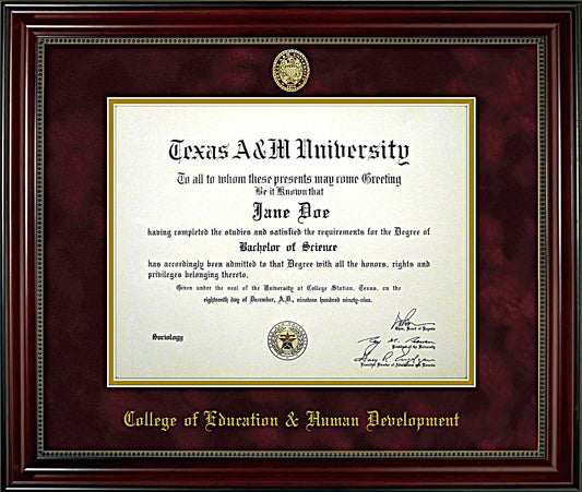 College of Education & Human Development Diploma Frame: Beaded Cherry/ Maroon Mat/ Ring Crest