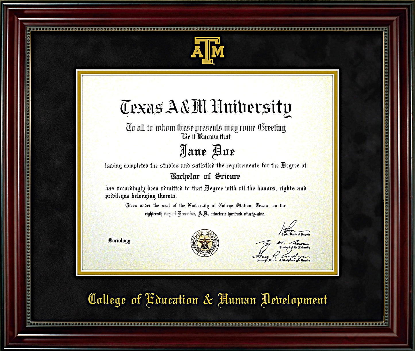 College of Education & Human Development Diploma Frame: Beaded Cherry/ Black Mat/ ATM