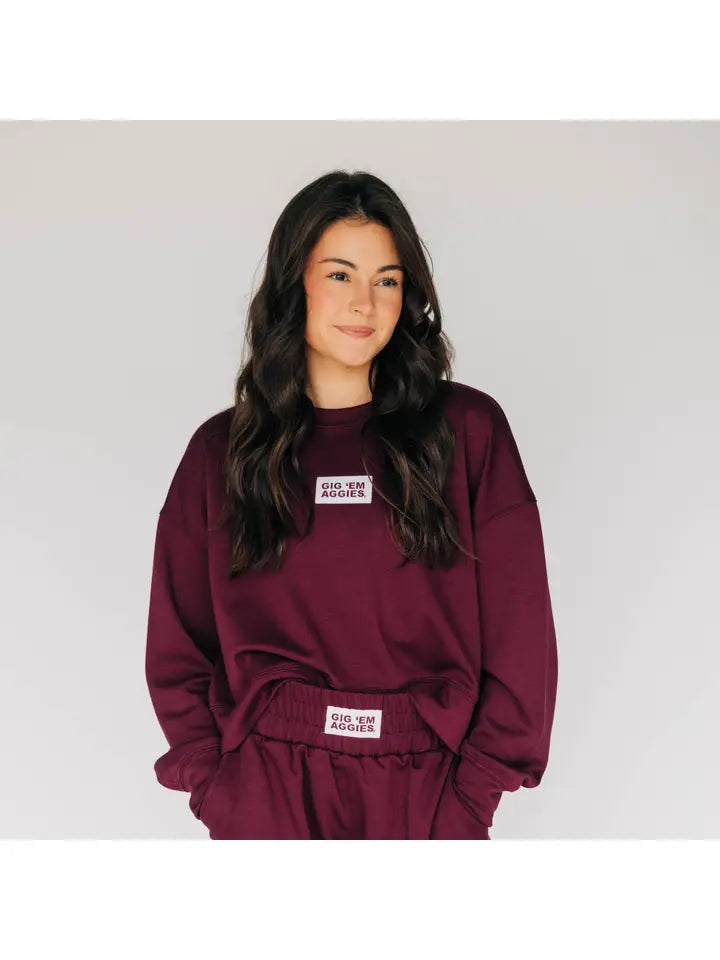 Ava Airy Crewneck Gig 'em Aggies Woven Label - TXAG Store 