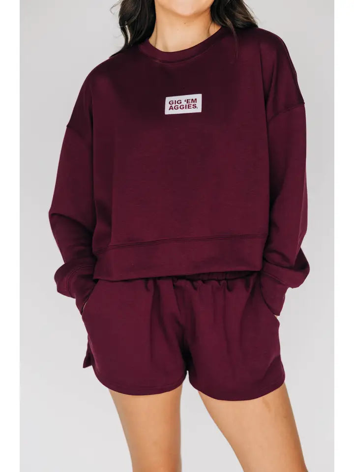Ava Airy Crewneck Gig 'em Aggies Woven Label - TXAG Store 