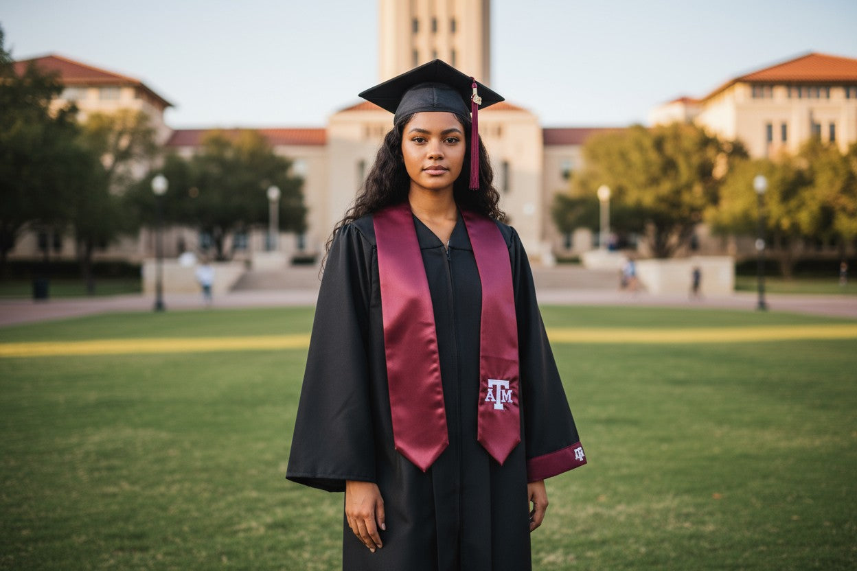 Graduate in cap and gown standing on a grassy field with buildings in the background